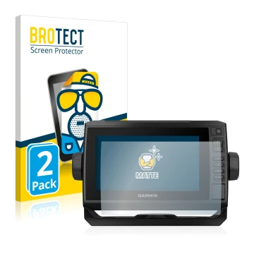 Parte frontal de un envase de producto con el logotipo de la marca BROTECT. Al lado se muestra el dispositivo Garmin ECHOMAP U