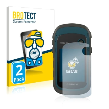 Parte frontal de un envase de producto con el logotipo de la marca BROTECT. Al lado se muestra el dispositivo Garmin eTrex 22x