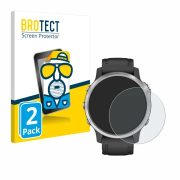 Parte frontal de un envase de producto con el logotipo de la marca BROTECT. Al lado se muestra el dispositivo Garmin Fenix 6S 