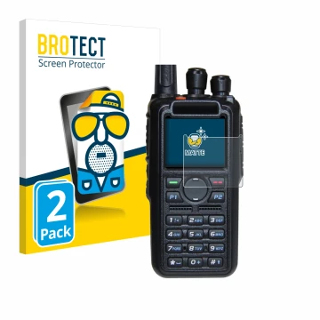 Parte frontal de un envase de producto con el logotipo de la marca BROTECT. Al lado se muestra el dispositivo AnyTone AT-D878U