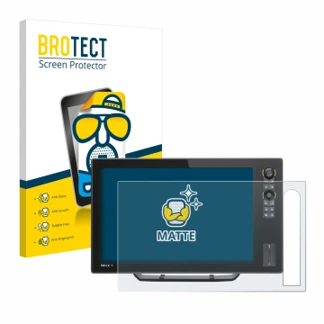 Parte frontal de un envase de producto con el logotipo de la marca BROTECT. Al lado se muestra el dispositivo Humminbird Solix