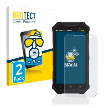 Parte frontal de un envase de producto con el logotipo de la marca BROTECT. Al lado se muestra el dispositivo SkyCaddie SX500 