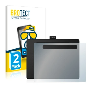 Parte frontal de un envase de producto con el logotipo de la marca BROTECT. Al lado se muestra el dispositivo Wacom Intuos M c