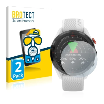 Parte frontal de un envase de producto con el logotipo de la marca BROTECT. Al lado se muestra el dispositivo Garmin Approach 