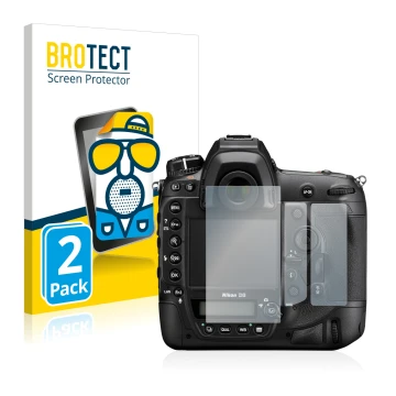 Parte frontal de un envase de producto con el logotipo de la marca BROTECT. Al lado se muestra el dispositivo Nikon D6 con su 