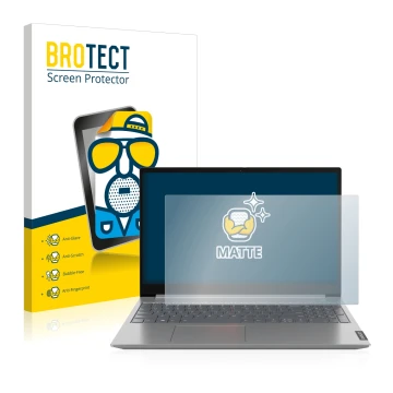 Parte frontal de un envase de producto con el logotipo de la marca BROTECT. Al lado se muestra el dispositivo Lenovo ThinkBook