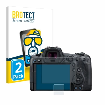 Parte frontal de un envase de producto con el logotipo de la marca BROTECT. Al lado se muestra el dispositivo Canon EOS R5 con