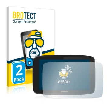 Parte frontal de un envase de producto con el logotipo de la marca BROTECT. Al lado se muestra el dispositivo TomTom Go Profes
