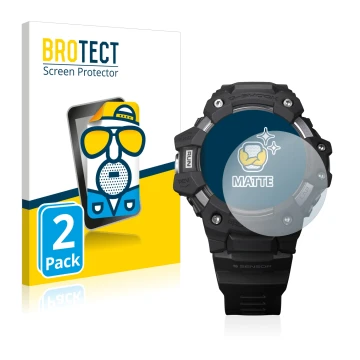 Parte frontal de un envase de producto con el logotipo de la marca BROTECT. Al lado se muestra el dispositivo Casio G-Shock GB