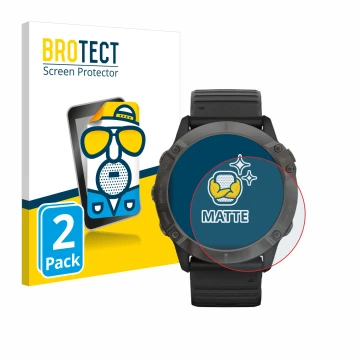 Parte frontal de un envase de producto con el logotipo de la marca BROTECT. Al lado se muestra el dispositivo Garmin Fenix 6X 