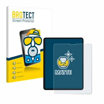 Parte frontal de un envase de producto con el logotipo de la marca BROTECT. Al lado se muestra el dispositivo Apple iPad 12.9