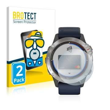 Parte frontal de un envase de producto con el logotipo de la marca BROTECT. Al lado se muestra el dispositivo Garmin quatix 6 
