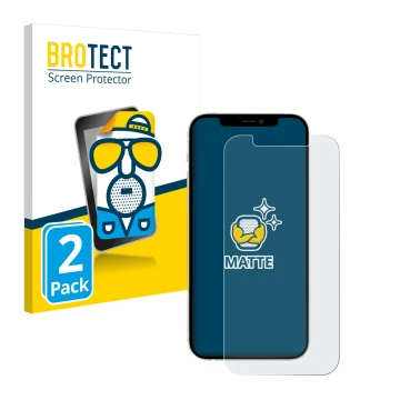 Parte frontal de un envase de producto con el logotipo de la marca BROTECT. Al lado se muestra el dispositivo Apple iPhone 12 