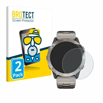 Parte frontal de un envase de producto con el logotipo de la marca BROTECT. Al lado se muestra el dispositivo Garmin quatix 6x