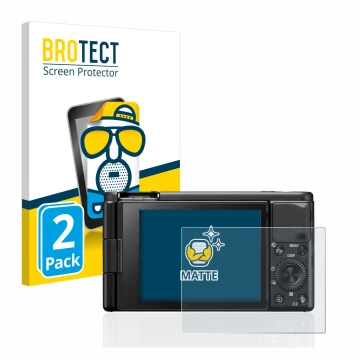 Parte frontal de un envase de producto con el logotipo de la marca BROTECT. Al lado se muestra el dispositivo Sony ZV-1 con su