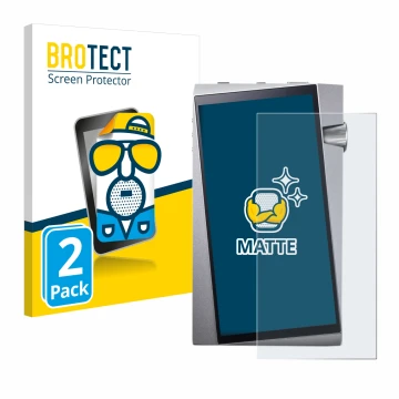 Parte frontal de un envase de producto con el logotipo de la marca BROTECT. Al lado se muestra el dispositivo Astell&Kern A&no