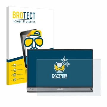 Parte frontal de un envase de producto con el logotipo de la marca BROTECT. Al lado se muestra el dispositivo ASUS ZenScreen M