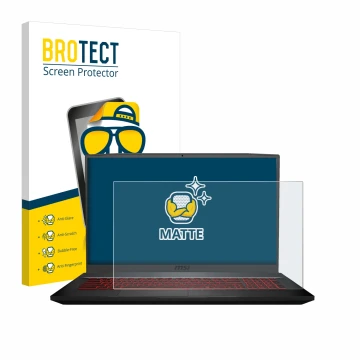 Parte frontal de un envase de producto con el logotipo de la marca BROTECT. Al lado se muestra el dispositivo MSI GF75 10SDR-2