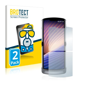 Parte frontal de un envase de producto con el logotipo de la marca BROTECT. Al lado se muestra el dispositivo Motorola Razr 5G