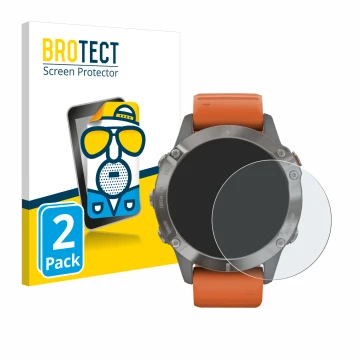 Parte frontal de un envase de producto con el logotipo de la marca BROTECT. Al lado se muestra el dispositivo Garmin Fenix 6 P