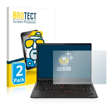 Parte frontal de un envase de producto con el logotipo de la marca BROTECT. Al lado se muestra el dispositivo Lenovo ThinkPad 