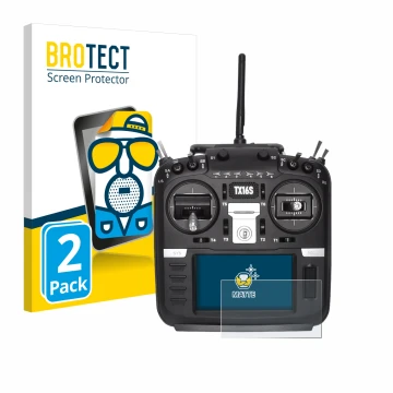 Parte frontal de un envase de producto con el logotipo de la marca BROTECT. Al lado se muestra el dispositivo Radiomaster TX16