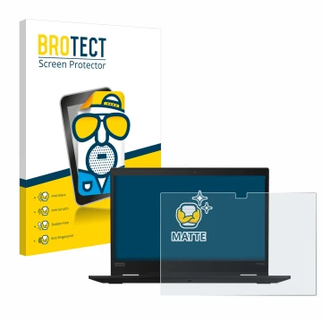 Parte frontal de un envase de producto con el logotipo de la marca BROTECT. Al lado se muestra el dispositivo Lenovo ThinkPad 