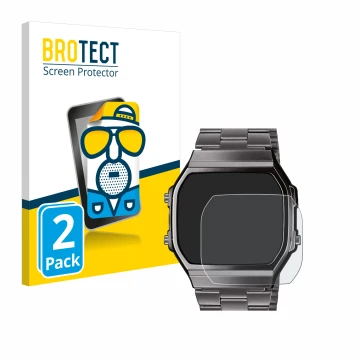 Parte frontal de un envase de producto con el logotipo de la marca BROTECT. Al lado se muestra el dispositivo Casio A168WEGG-1