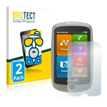 Parte frontal de un envase de producto con el logotipo de la marca BROTECT. Al lado se muestra el dispositivo Mitac Mio Cyclo 