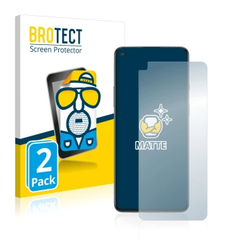 Parte frontal de un envase de producto con el logotipo de la marca BROTECT. Al lado se muestra el dispositivo OnePlus 8T con s