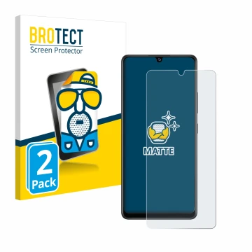 Parte frontal de un envase de producto con el logotipo de la marca BROTECT. Al lado se muestra el dispositivo Samsung Galaxy A