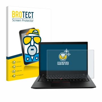 Parte frontal de un envase de producto con el logotipo de la marca BROTECT. Al lado se muestra el dispositivo Lenovo ThinkPad 