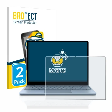 Parte frontal de un envase de producto con el logotipo de la marca BROTECT. Al lado se muestra el dispositivo Microsoft Surfac