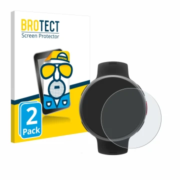 Parte frontal de un envase de producto con el logotipo de la marca BROTECT. Al lado se muestra el dispositivo Polar Vantage V2