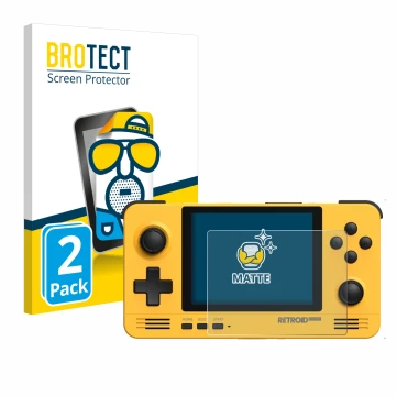 Parte frontal de un envase de producto con el logotipo de la marca BROTECT. Al lado se muestra el dispositivo Retroid Pocket 2