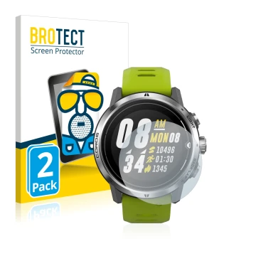 Parte frontal de un envase de producto con el logotipo de la marca BROTECT. Al lado se muestra el dispositivo Coros Apex Pro c