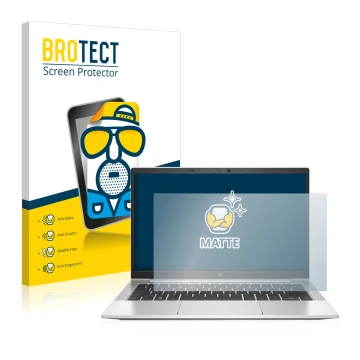 Parte frontal de un envase de producto con el logotipo de la marca BROTECT. Al lado se muestra el dispositivo HP EliteBook 830