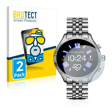 Parte frontal de un envase de producto con el logotipo de la marca BROTECT. Al lado se muestra el dispositivo Michael Kors Acc