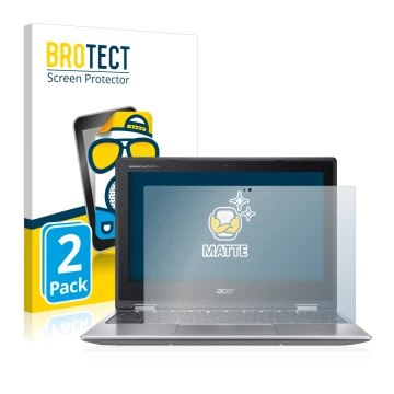 Parte frontal de un envase de producto con el logotipo de la marca BROTECT. Al lado se muestra el dispositivo Acer Chromebook 