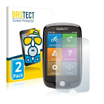 Parte frontal de un envase de producto con el logotipo de la marca BROTECT. Al lado se muestra el dispositivo Mio Cyclo 210 co