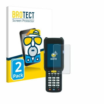 Parte frontal de un envase de producto con el logotipo de la marca BROTECT. Al lado se muestra el dispositivo Zebra MC3300X co