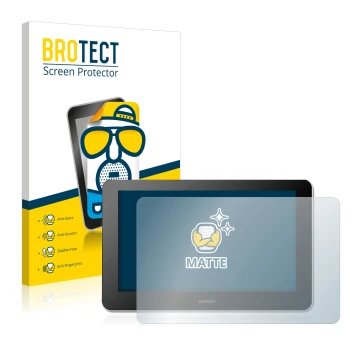 Parte frontal de un envase de producto con el logotipo de la marca BROTECT. Al lado se muestra el dispositivo Wacom One Creati