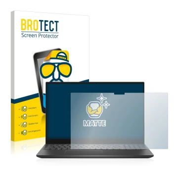 Parte frontal de un envase de producto con el logotipo de la marca BROTECT. Al lado se muestra el dispositivo Dell Inspiron 15