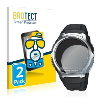 Parte frontal de un envase de producto con el logotipo de la marca BROTECT. Al lado se muestra el dispositivo Casio Wave Cepto