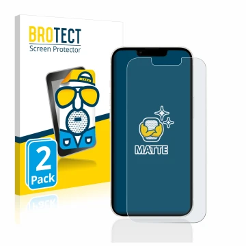 Parte frontal de un envase de producto con el logotipo de la marca BROTECT. Al lado se muestra el dispositivo Apple iPhone 13 