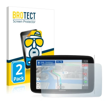 Parte frontal de un envase de producto con el logotipo de la marca BROTECT. Al lado se muestra el dispositivo TomTom GO Discov