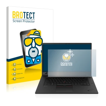 Parte frontal de un envase de producto con el logotipo de la marca BROTECT. Al lado se muestra el dispositivo Lenovo ThinkPad 