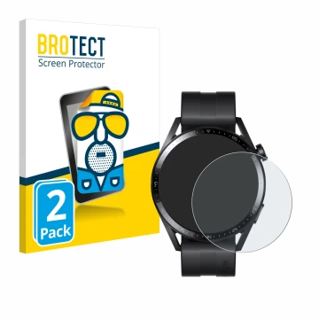 Parte frontal de un envase de producto con el logotipo de la marca BROTECT. Al lado se muestra el dispositivo Huawei Watch GT 