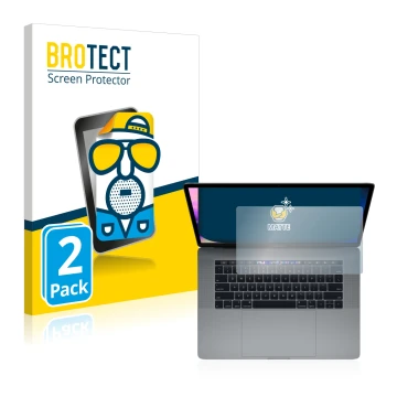 Parte frontal de un envase de producto con el logotipo de la marca BROTECT. Al lado se muestra el dispositivo Apple MacBook Pr