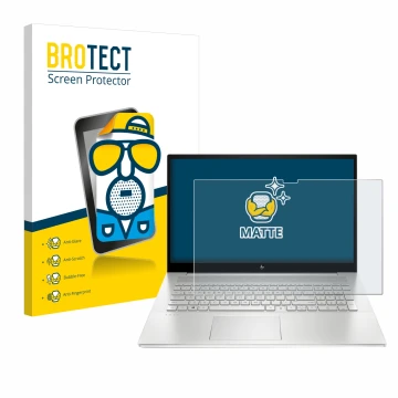 Parte frontal de un envase de producto con el logotipo de la marca BROTECT. Al lado se muestra el dispositivo HP Envy 17-cX co